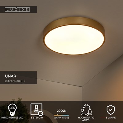 Lucide UNAR - Deckenleuchte - Ø 39,5 cm - LED 3 StepDim - 1x24W 2700K - Mattes Gold / Messing